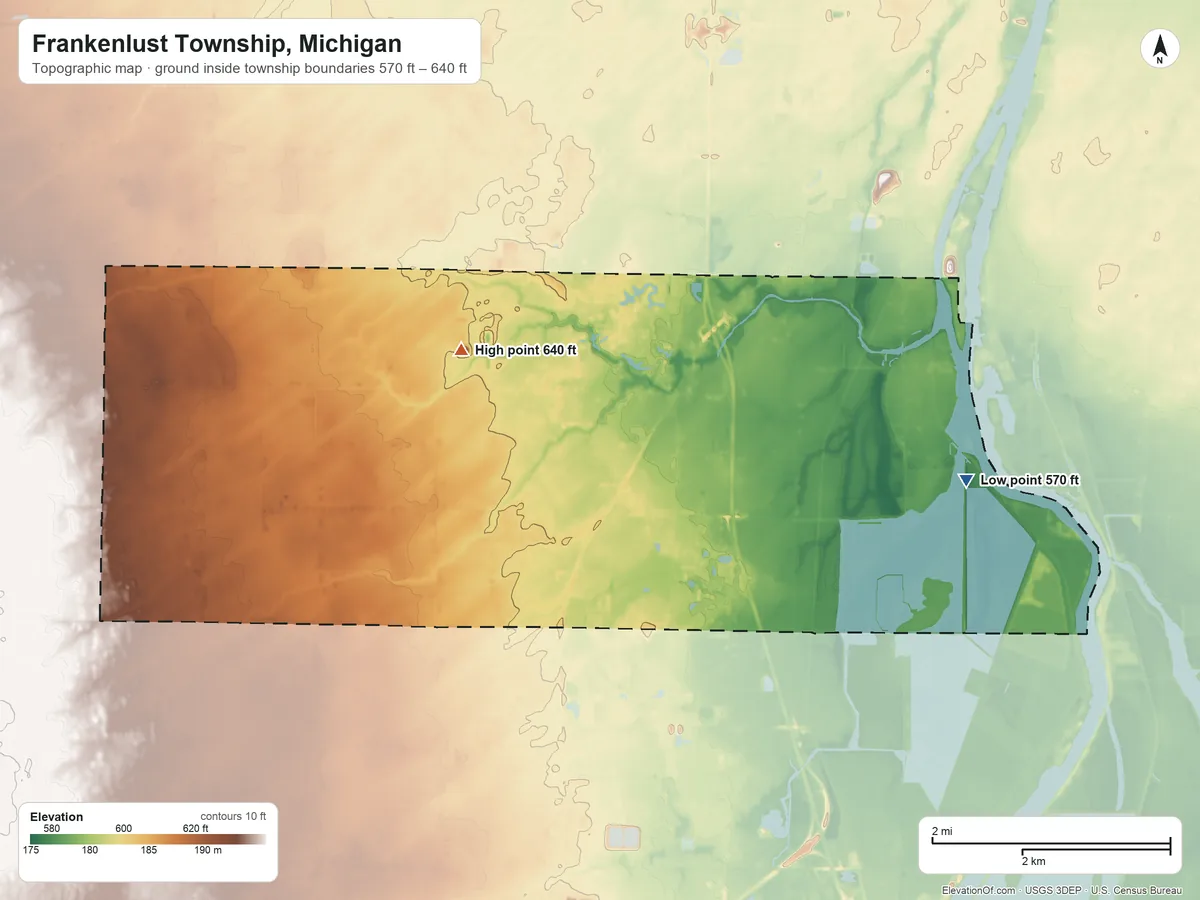 Topographic elevation map of Frankenlust Township, Michigan, shaded from 570 ft on the east side to 640 ft on the west side