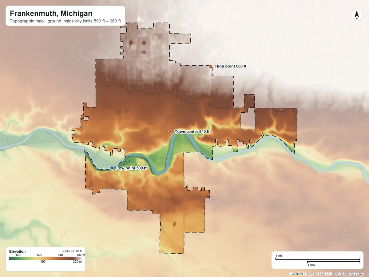Topographic elevation map of Frankenmuth, Michigan, shaded from 590 ft on the southwest side to 660 ft on the northeast side