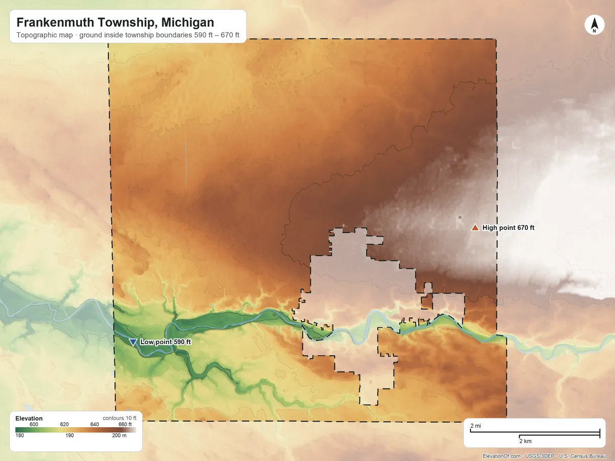 Topographic elevation map of Frankenmuth Township, Michigan, shaded from 590 ft on the southwest side to 670 ft on the east side