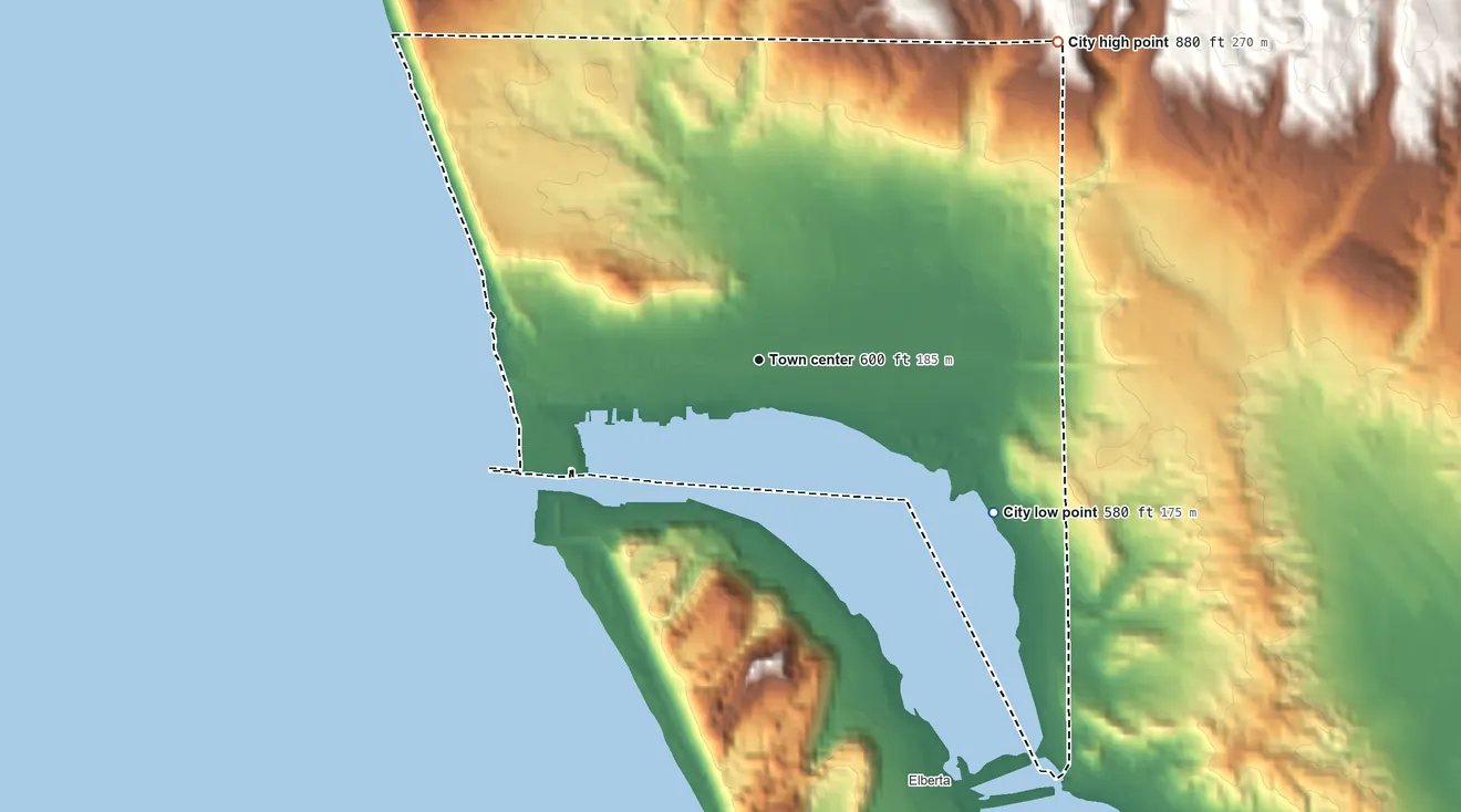 Topographic elevation map of Frankfort, Michigan, shaded from 580 ft on the southeast side to 880 ft on the northeast side