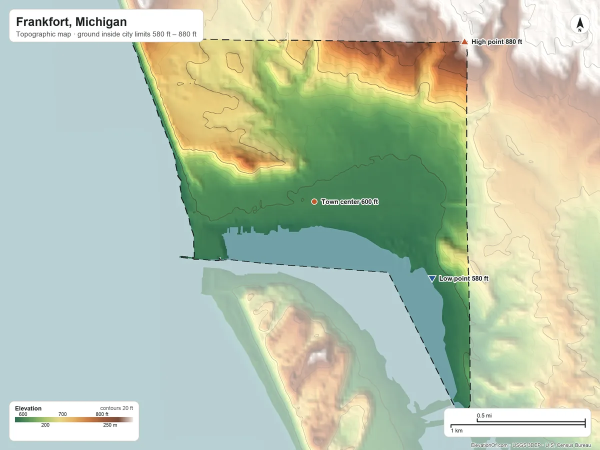 Topographic elevation map of Frankfort, Michigan, shaded from 580 ft on the southeast side to 880 ft on the northeast side