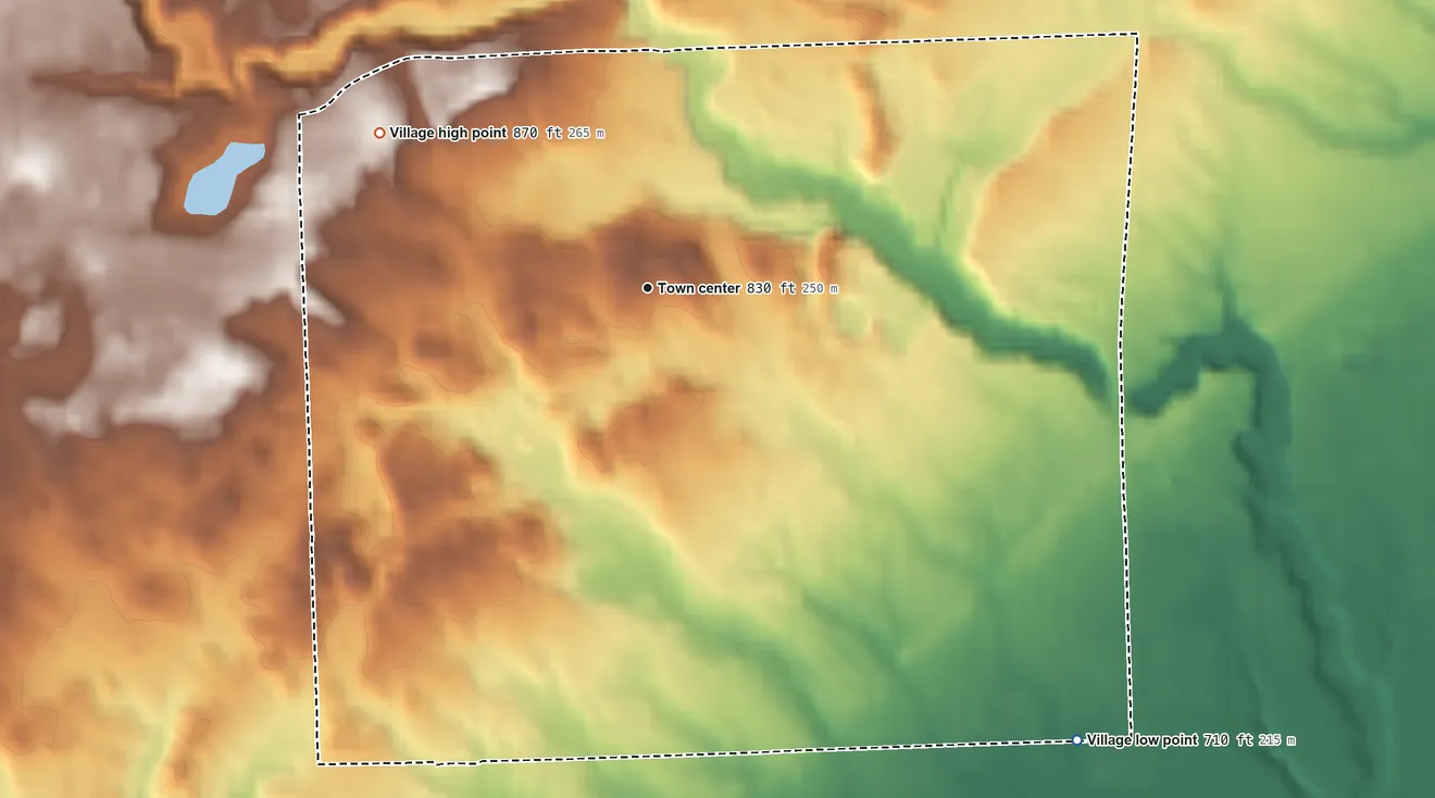 Topographic elevation map of Franklin, Michigan, shaded from 710 ft on the southeast side to 870 ft on the northwest side