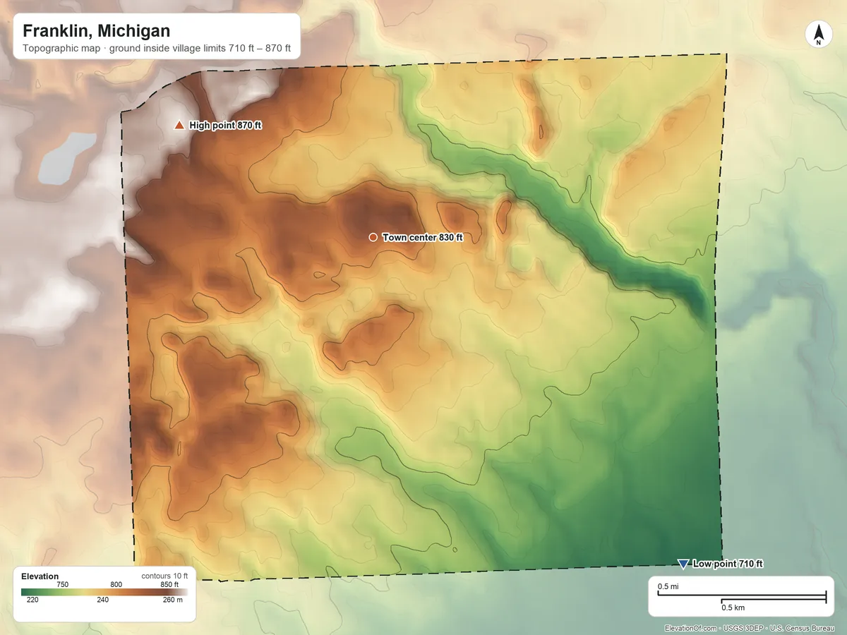 Topographic elevation map of Franklin, Michigan, shaded from 710 ft on the southeast side to 870 ft on the northwest side