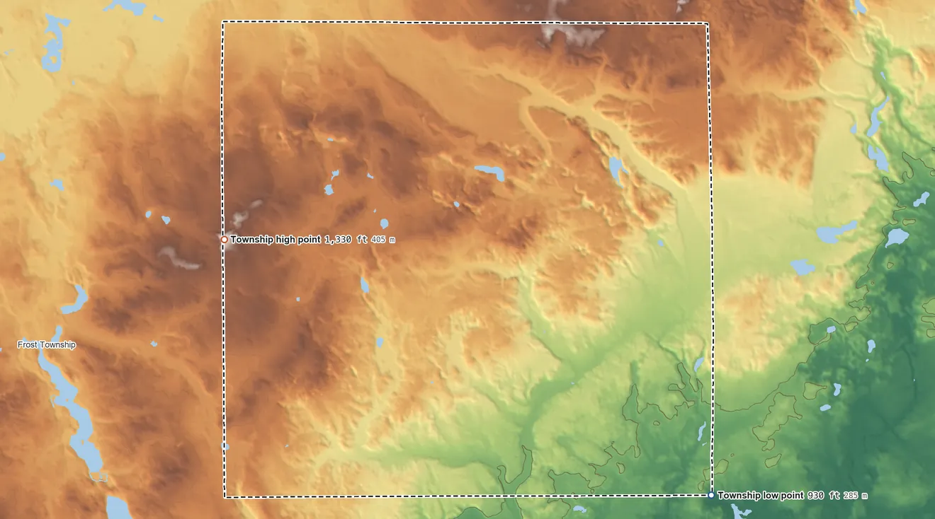 Topographic elevation map of Franklin Township, Clare County, Michigan, shaded from 930 ft on the southeast side to 1,330 ft on the west side