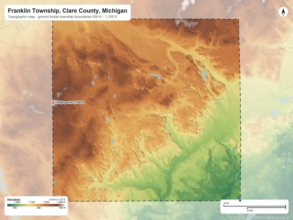 Topographic elevation map of Franklin Township, Clare County, Michigan, shaded from 930 ft on the southeast side to 1,330 ft on the west side