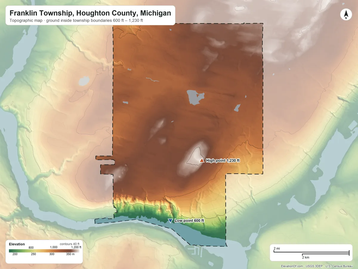 Topographic elevation map of Franklin Township, Houghton County, Michigan, shaded from 600 ft on the south side to 1,230 ft on Arcadian Hill