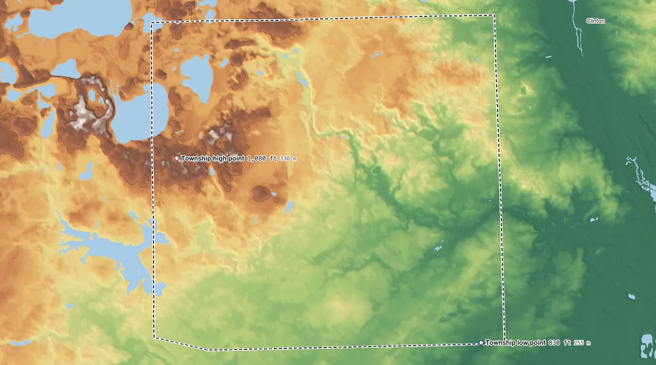 Topographic elevation map of Franklin Township, Michigan, shaded from 830 ft on the southeast side to 1,080 ft on the west side