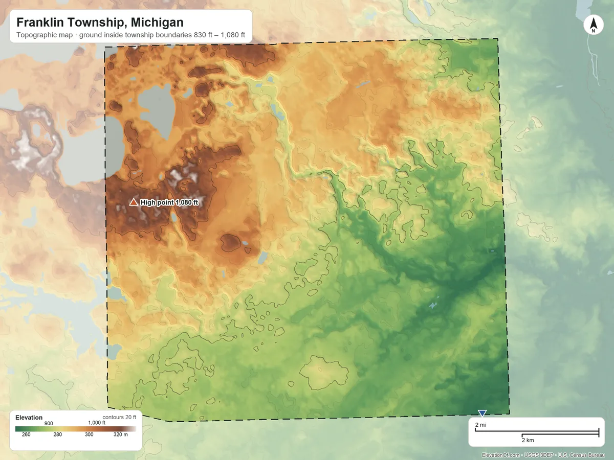 Topographic elevation map of Franklin Township, Michigan, shaded from 830 ft on the southeast side to 1,080 ft on the west side