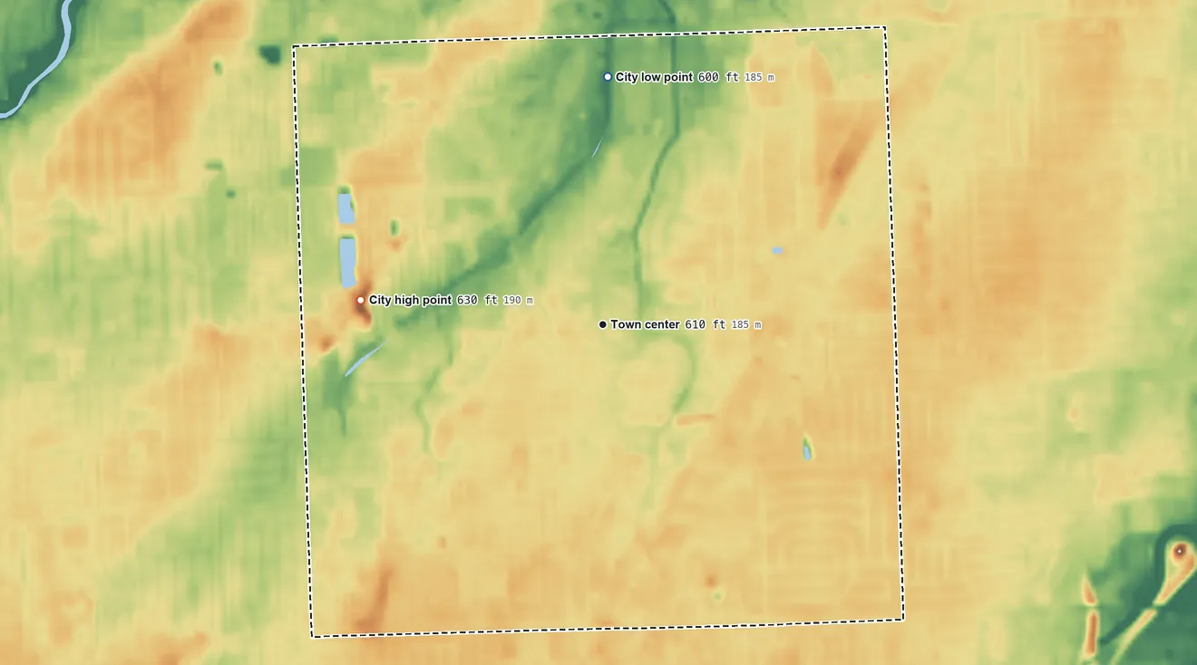 Topographic elevation map of Fraser, Michigan, shaded from 600 ft on the north side to 630 ft on the west side