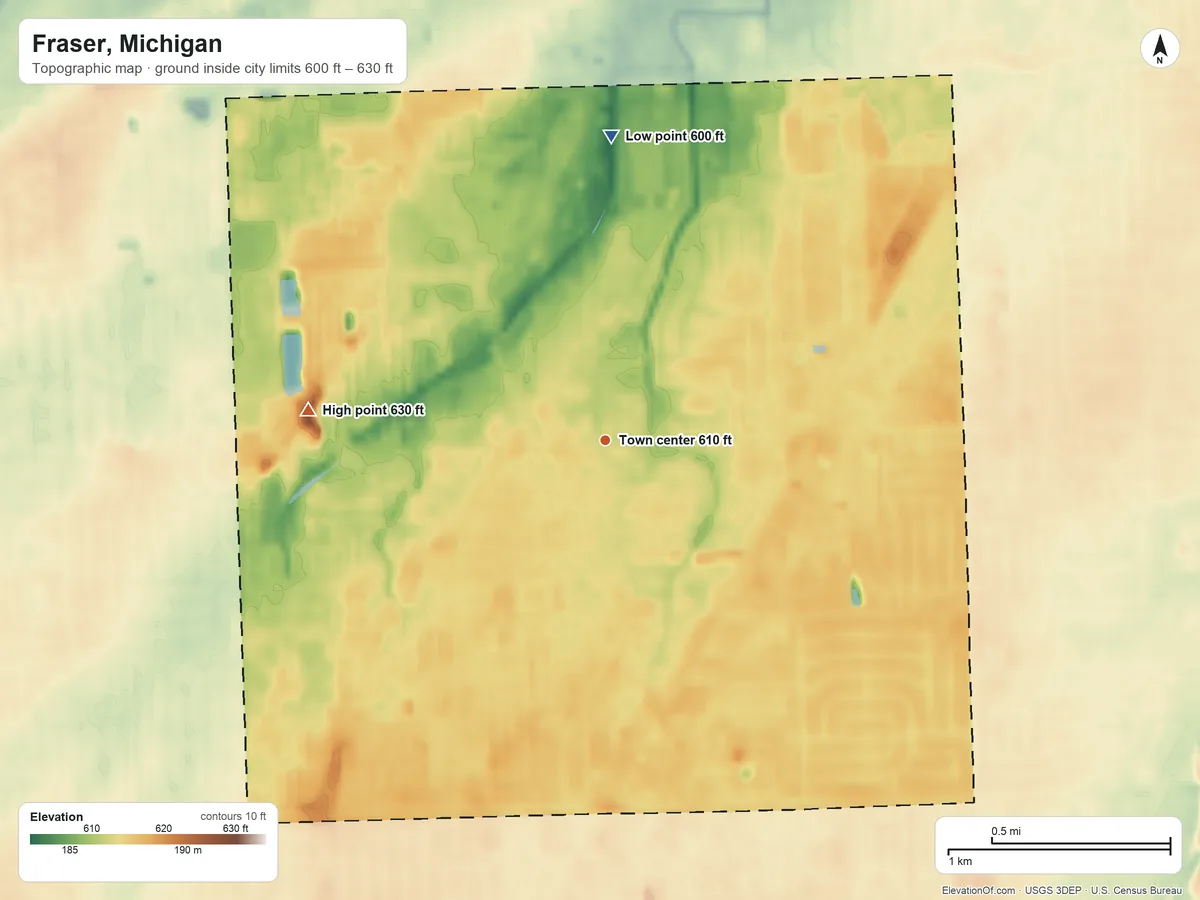 Topographic elevation map of Fraser, Michigan, shaded from 600 ft on the north side to 630 ft on the west side