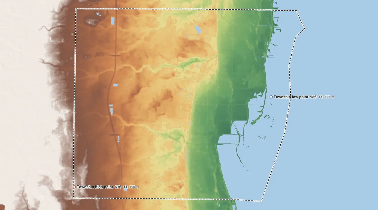 Topographic elevation map of Fraser Township, Michigan, shaded from 580 ft on the east side to 630 ft on the southwest side