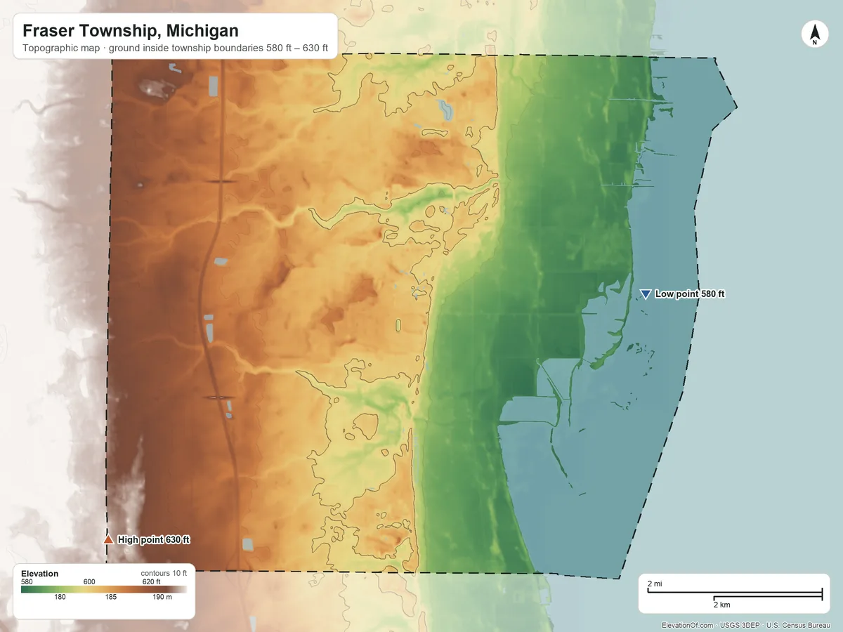 Topographic elevation map of Fraser Township, Michigan, shaded from 580 ft on the east side to 630 ft on the southwest side