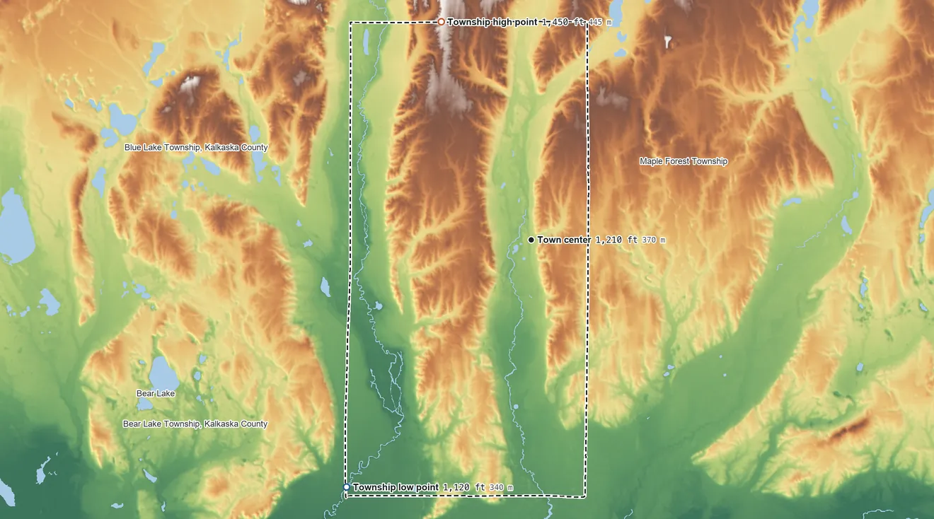 Topographic elevation map of Frederic Township, Michigan, shaded from 1,120 ft on the southwest side to 1,450 ft on the north side