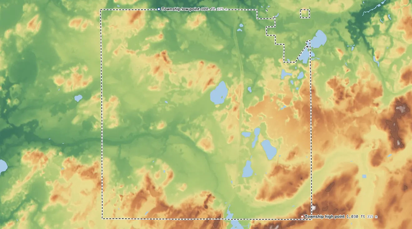 Topographic elevation map of Fredonia Township, Michigan, shaded from 900 ft on the north side to 1,030 ft on the southeast side