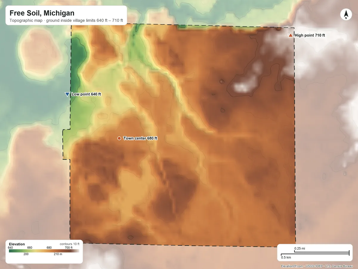 Topographic elevation map of Free Soil, Michigan, shaded from 640 ft on the northwest side to 710 ft on the northeast side