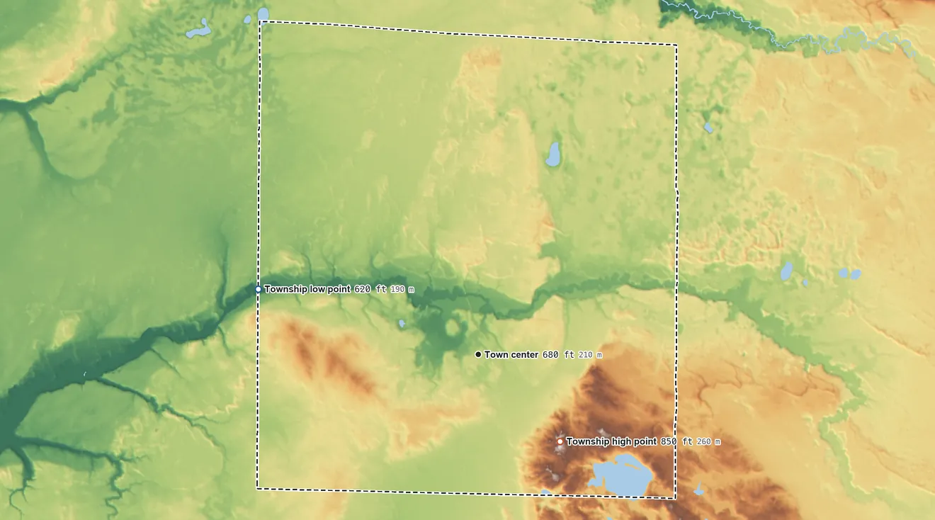 Topographic elevation map of Free Soil Township, Michigan, shaded from 620 ft on the west side to 850 ft on the southeast side