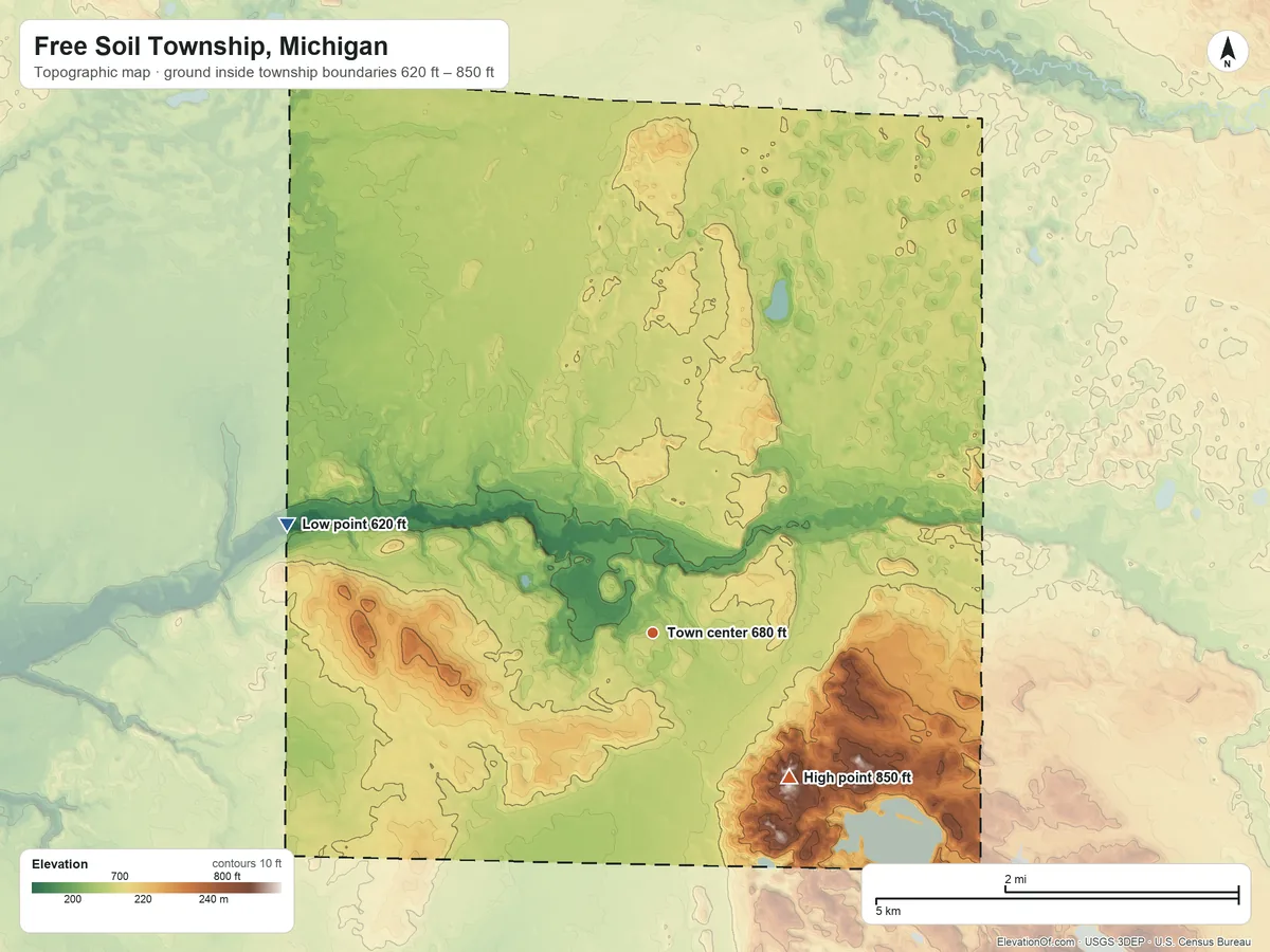 Topographic elevation map of Free Soil Township, Michigan, shaded from 620 ft on the west side to 850 ft on the southeast side