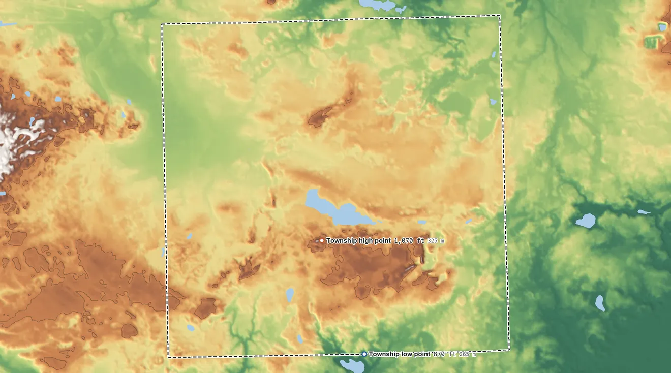 Topographic elevation map of Freedom Township, Michigan, shaded from 870 ft on the south side to 1,070 ft near the middle