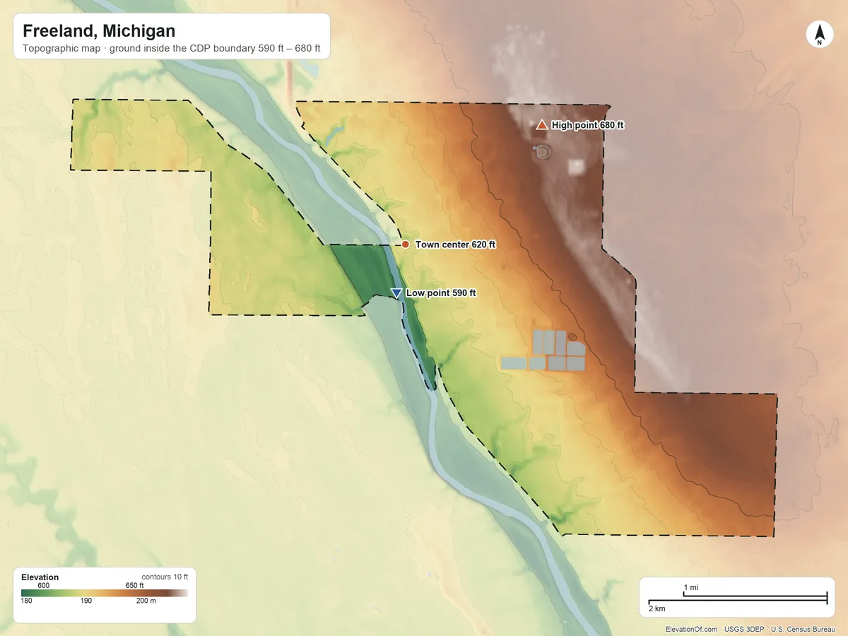 Topographic elevation map of Freeland, Michigan, shaded from 590 ft near the middle to 680 ft on the northeast side