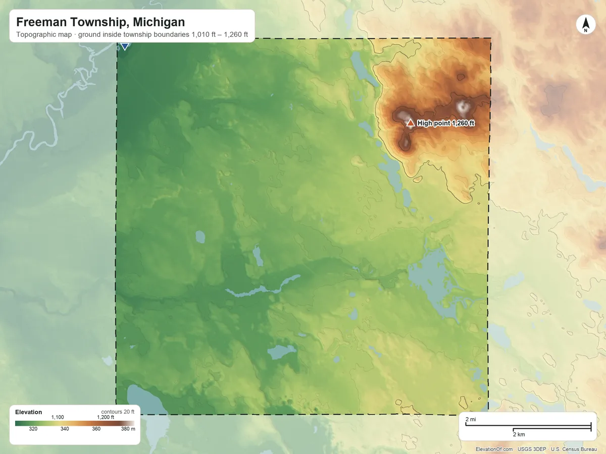 Topographic elevation map of Freeman Township, Michigan, shaded from 1,010 ft on the northwest side to 1,260 ft on the northeast side
