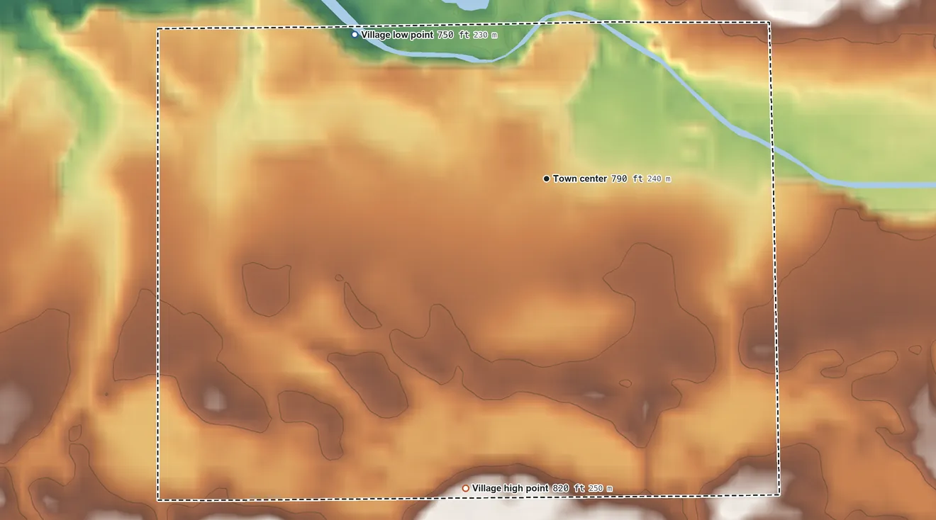 Topographic elevation map of Freeport, Michigan, shaded from 750 ft on the northwest side to 820 ft on the south side