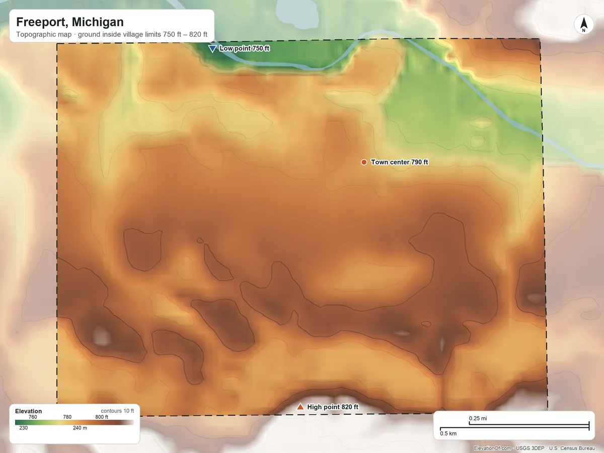 Topographic elevation map of Freeport, Michigan, shaded from 750 ft on the northwest side to 820 ft on the south side