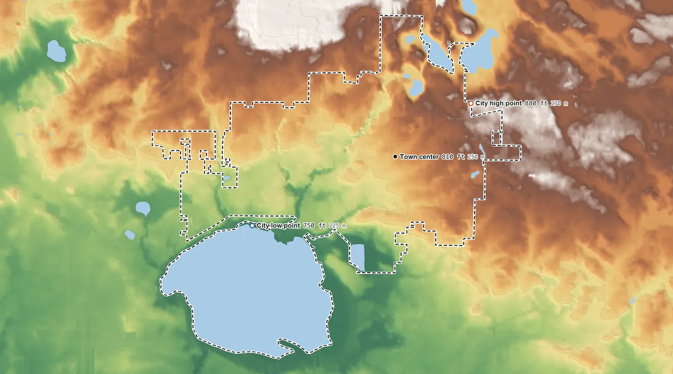 Topographic elevation map of Fremont, Michigan, shaded from 750 ft on the southwest side to 880 ft on the northeast side