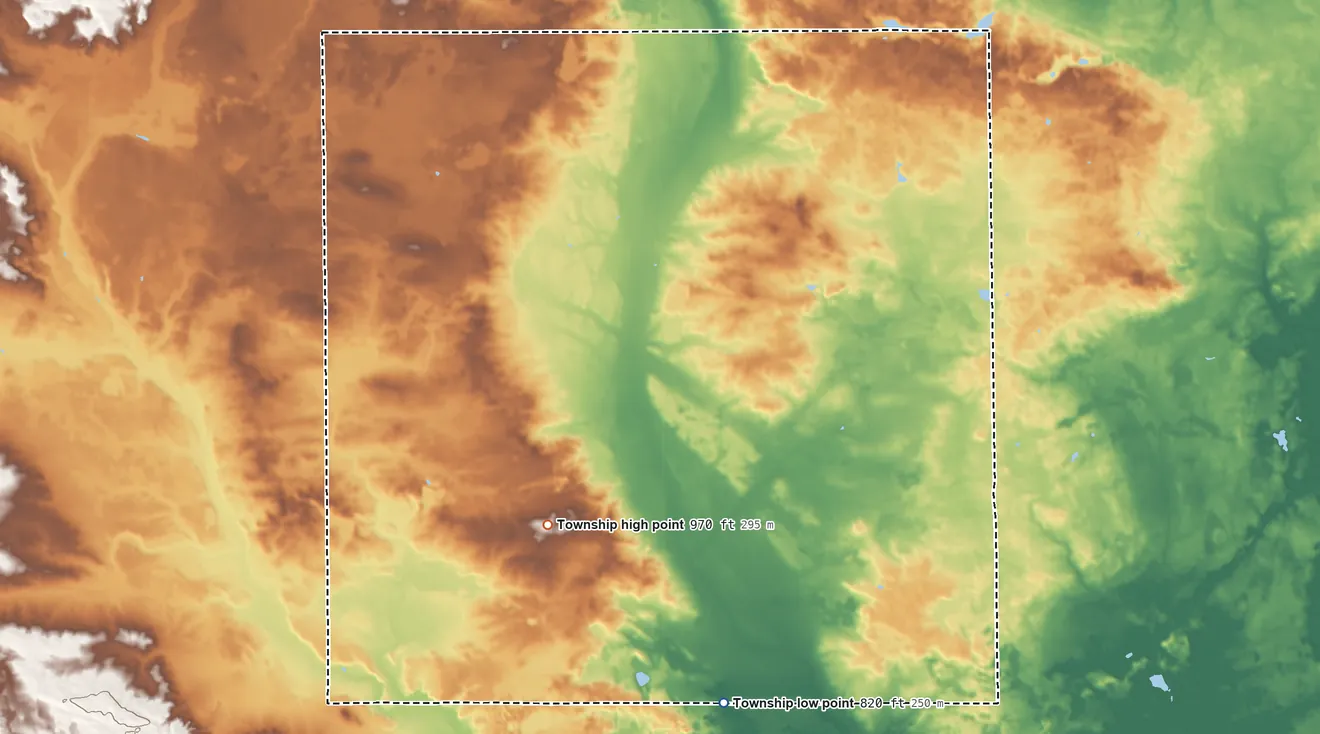 Topographic elevation map of Fremont Township, Isabella County, Michigan, shaded from 820 ft on the south side to 970 ft on the southwest side