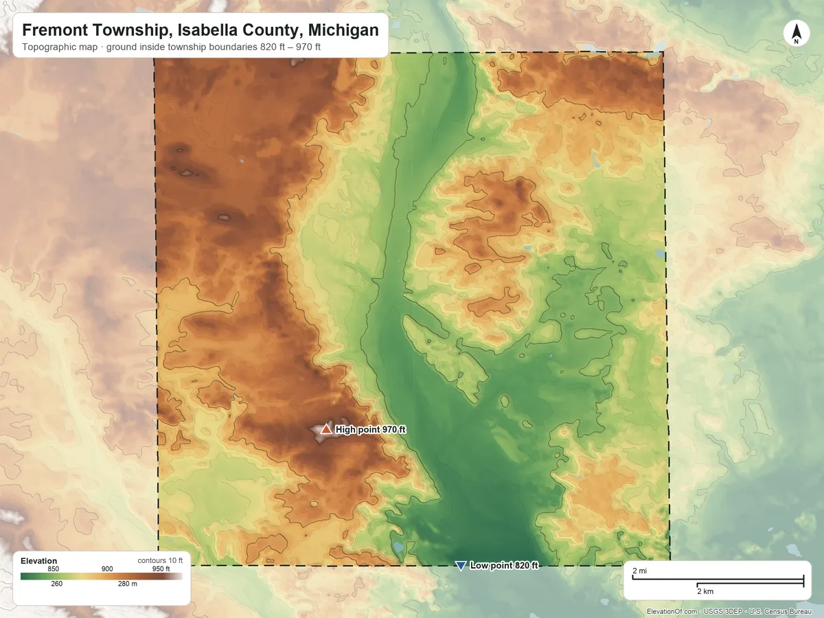Topographic elevation map of Fremont Township, Isabella County, Michigan, shaded from 820 ft on the south side to 970 ft on the southwest side