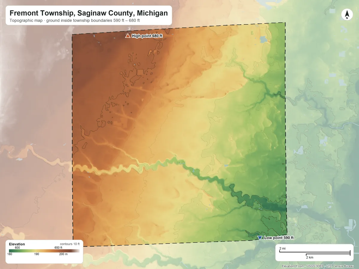 Topographic elevation map of Fremont Township, Saginaw County, Michigan, shaded from 590 ft on the southeast side to 680 ft on the northwest side