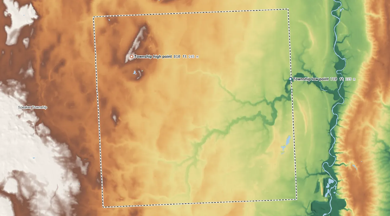Topographic elevation map of Fremont Township, Sanilac County, Michigan, shaded from 710 ft on the northeast side to 810 ft on the northwest side
