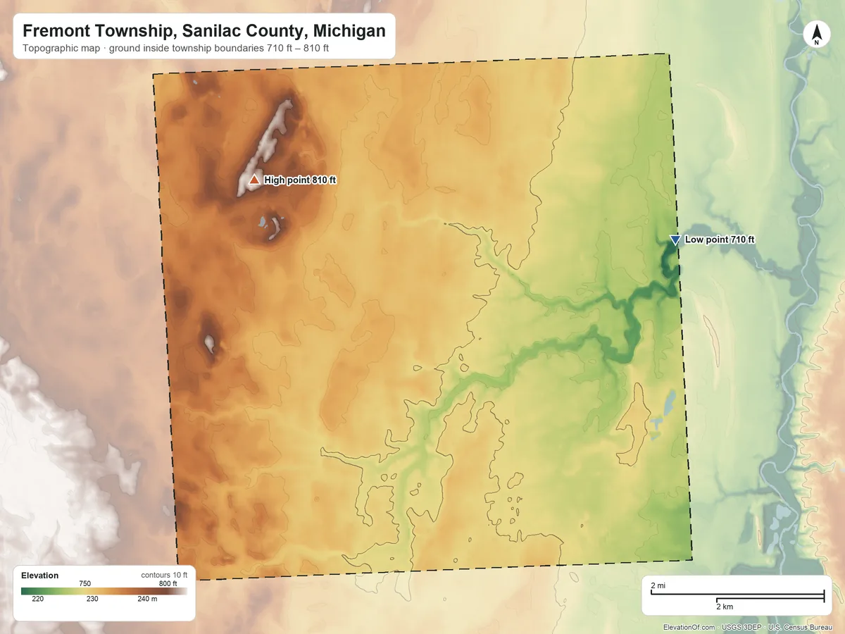 Topographic elevation map of Fremont Township, Sanilac County, Michigan, shaded from 710 ft on the northeast side to 810 ft on the northwest side