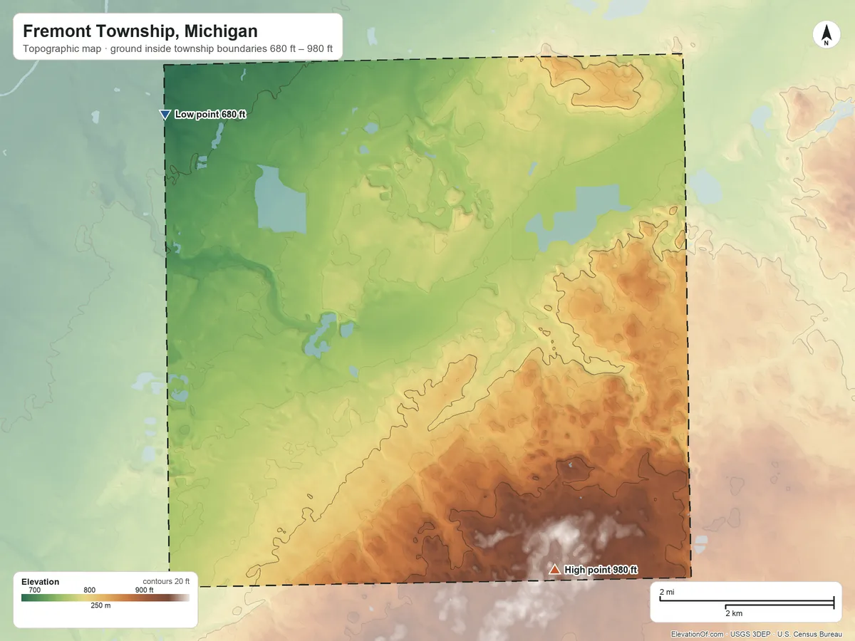 Topographic elevation map of Fremont Township, Michigan, shaded from 680 ft on the northwest side to 980 ft on the south side