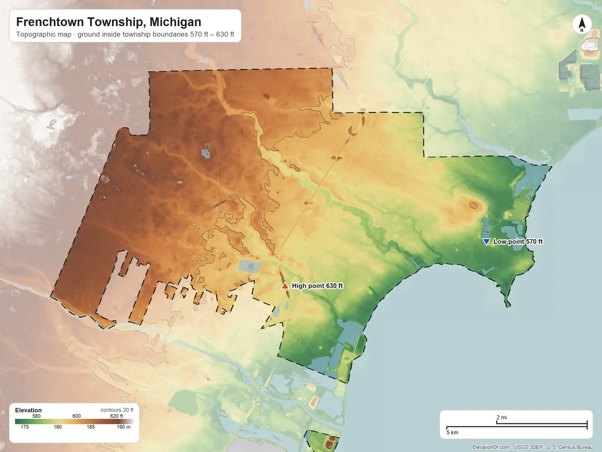 Topographic elevation map of Frenchtown Township, Michigan, shaded from 570 ft on the east side to 630 ft on the south side