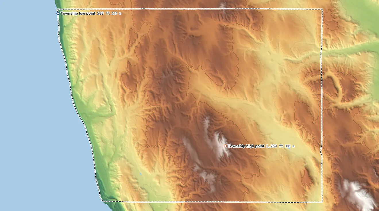 Topographic elevation map of Friendship Township, Michigan, shaded from 580 ft on the northwest side to 1,260 ft on the southeast side