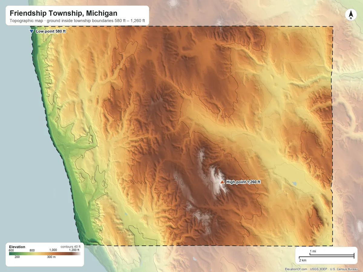 Topographic elevation map of Friendship Township, Michigan, shaded from 580 ft on the northwest side to 1,260 ft on the southeast side