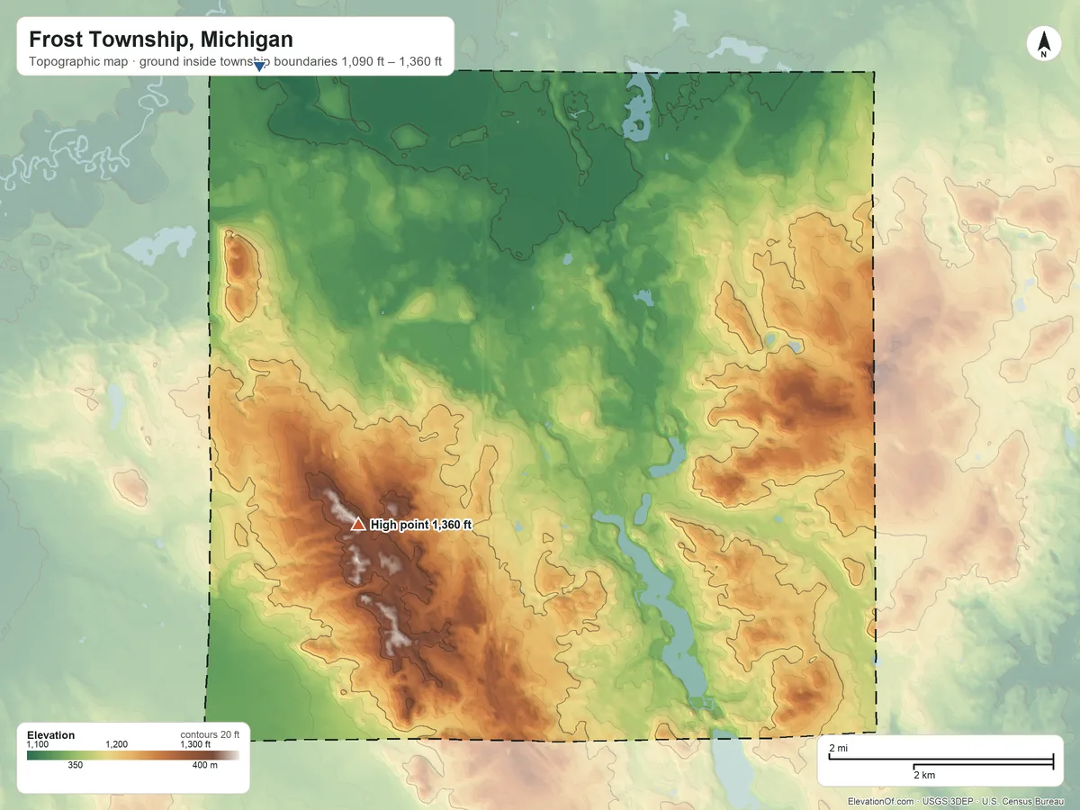 Topographic elevation map of Frost Township, Michigan, shaded from 1,090 ft on the northwest side to 1,360 ft on the west side
