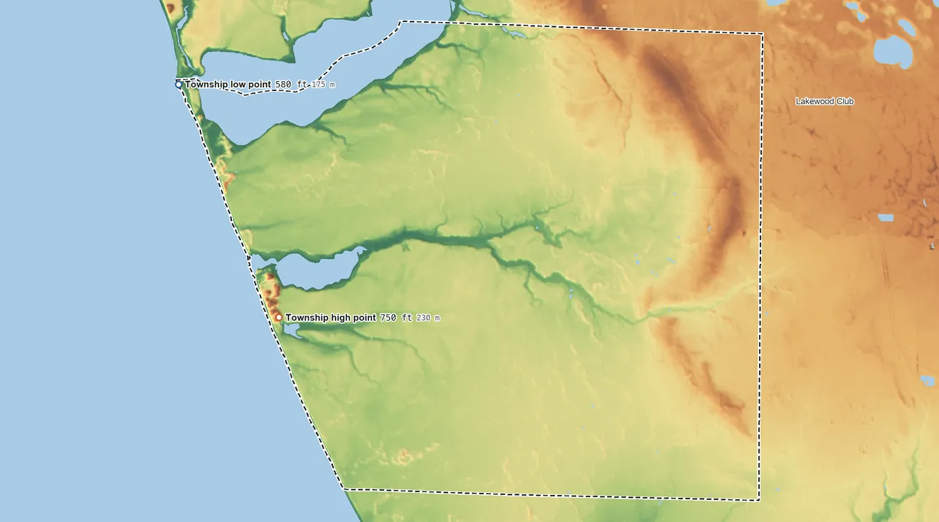 Topographic elevation map of Fruitland Township, Michigan, shaded from 580 ft on the northwest side to 750 ft on the west side