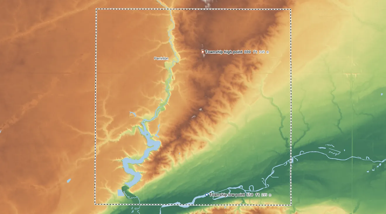 Topographic elevation map of Fulton Township, Michigan, shaded from 650 ft on the southeast side to 800 ft on the northeast side