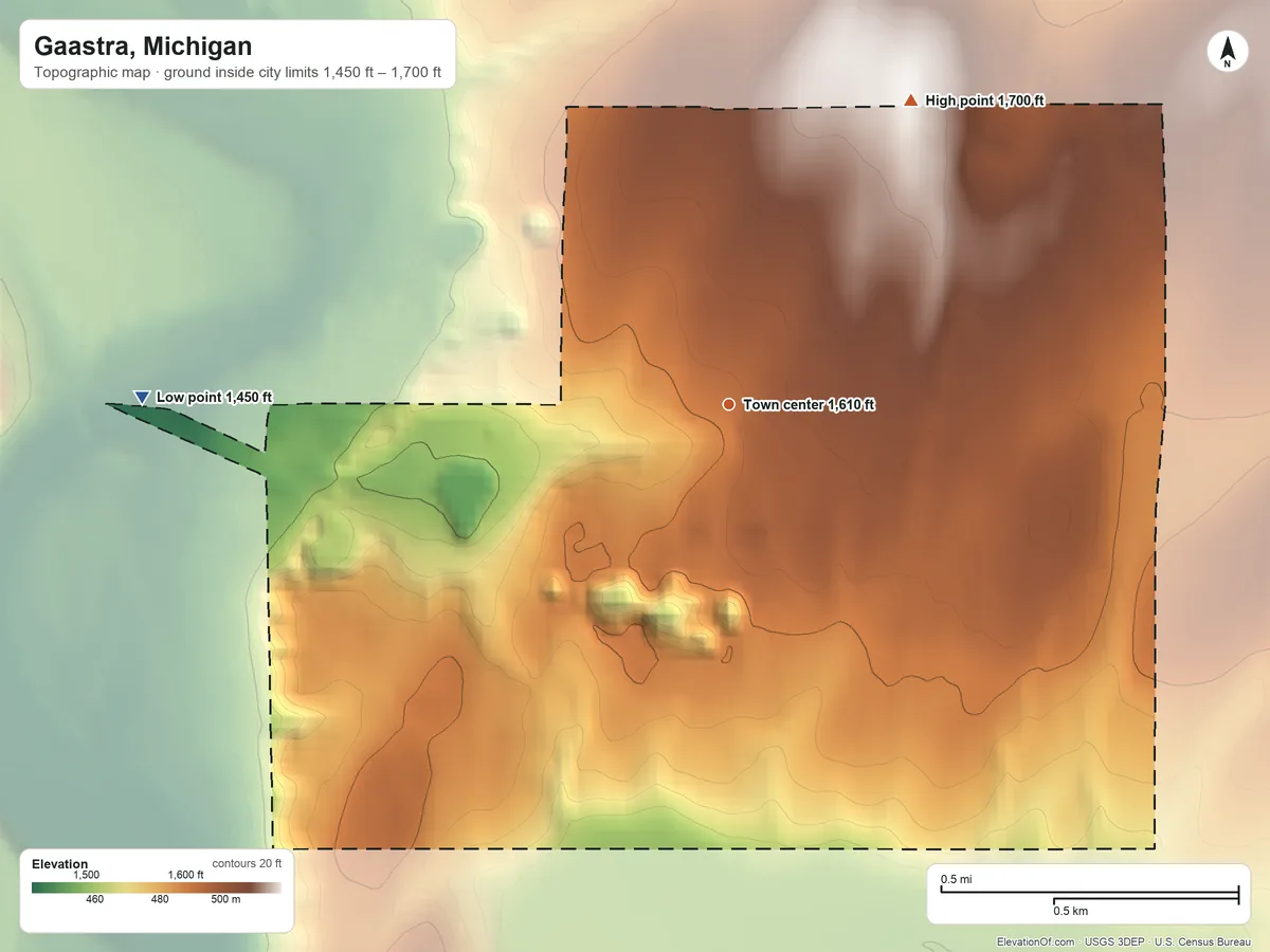 Topographic elevation map of Gaastra, Michigan, shaded from 1,450 ft on the west side to 1,700 ft on the northeast side