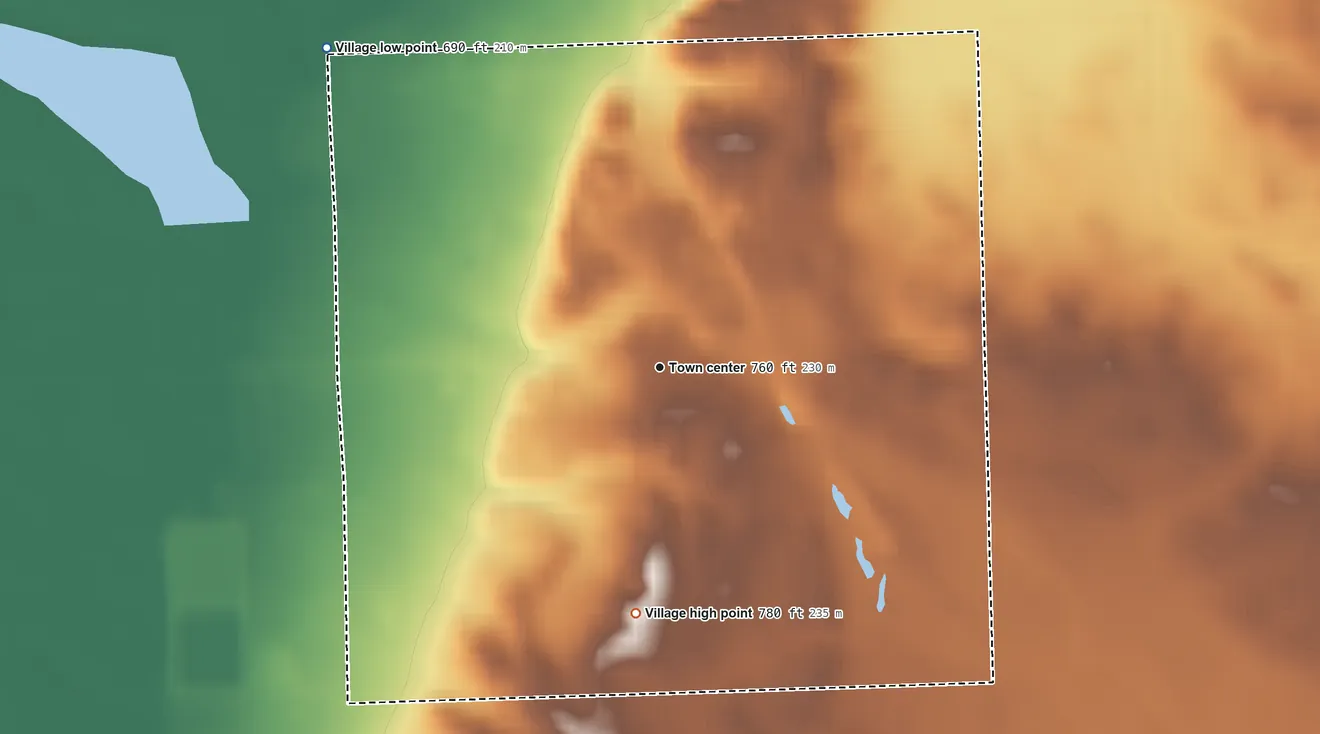 Topographic elevation map of Gagetown, Michigan, shaded from 690 ft on the northwest side to 780 ft on the south side