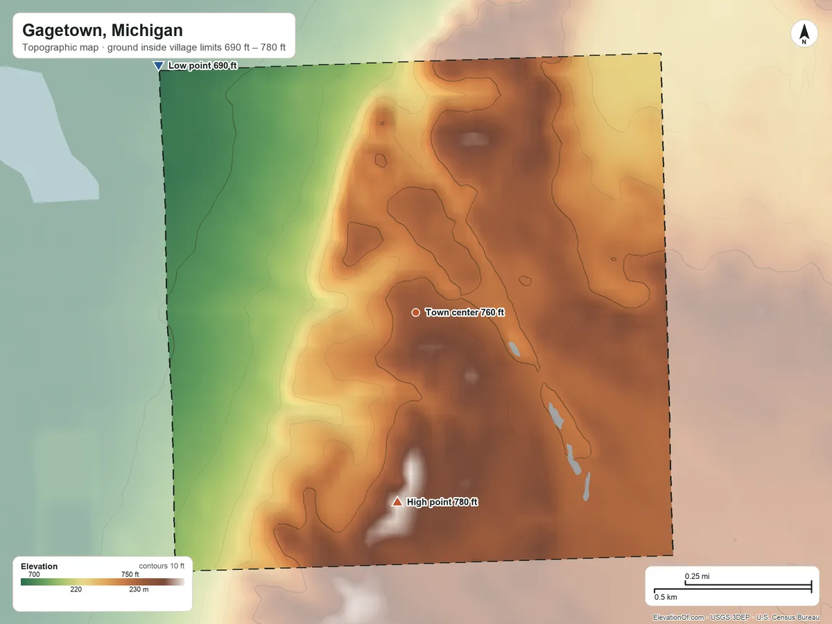 Topographic elevation map of Gagetown, Michigan, shaded from 690 ft on the northwest side to 780 ft on the south side