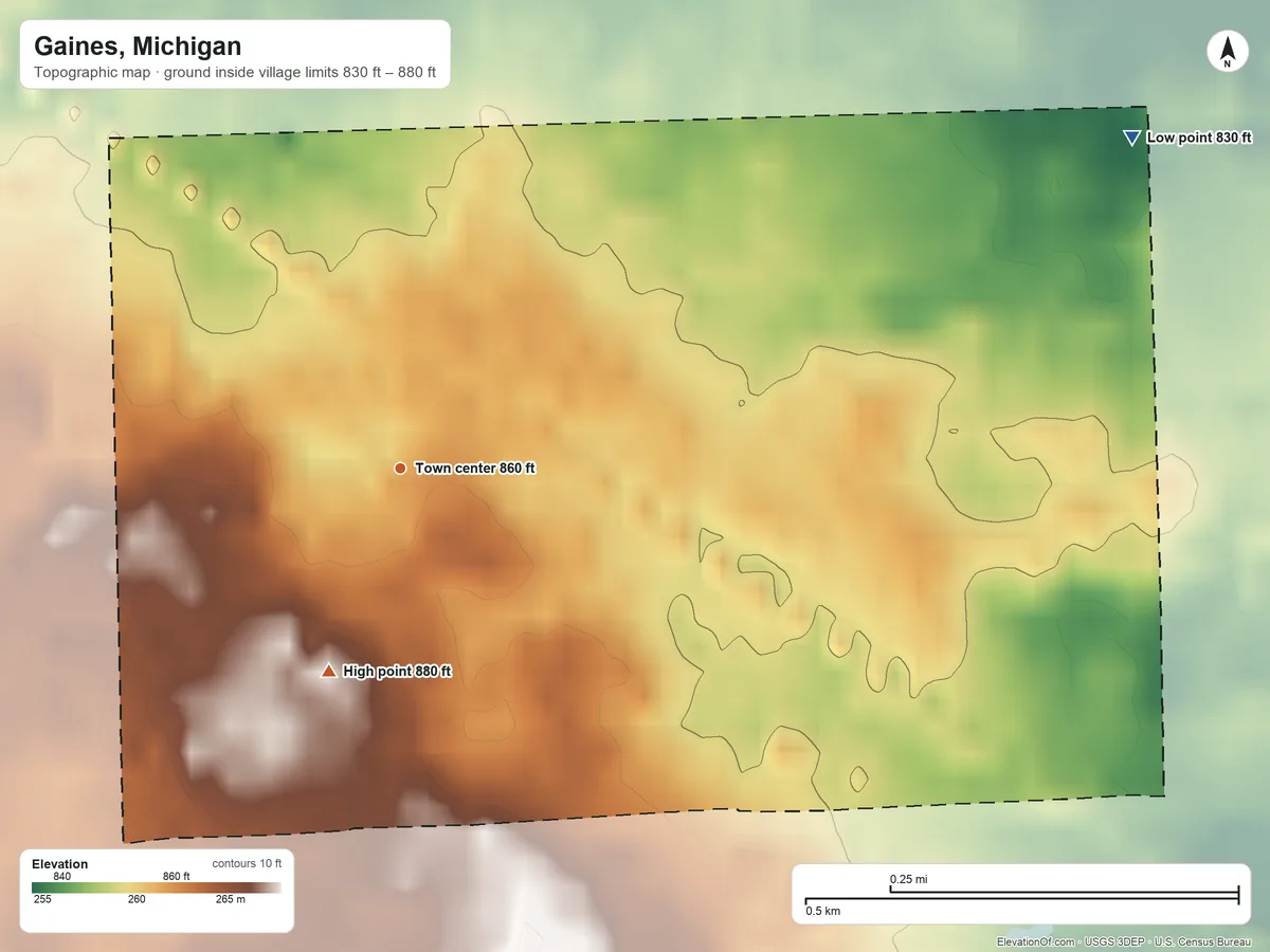 Topographic elevation map of Gaines, Michigan, shaded from 830 ft on the northeast side to 880 ft on the south side