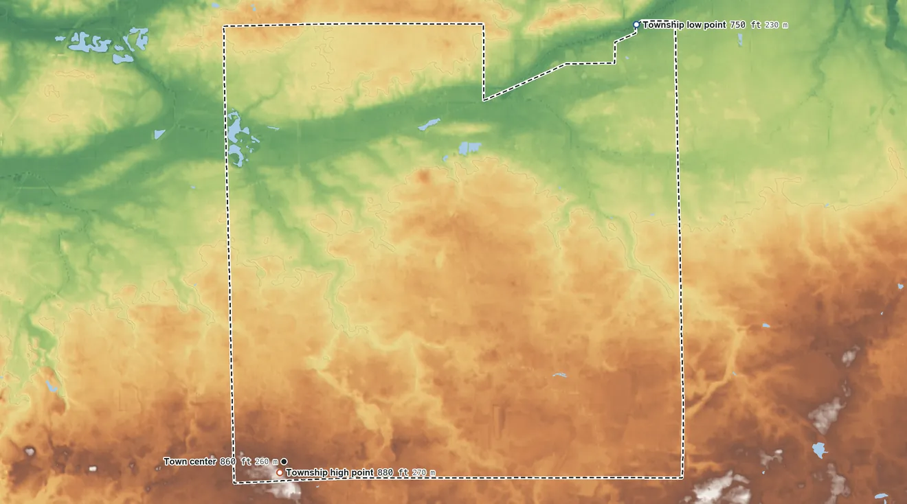 Topographic elevation map of Gaines Township, Genesee County, Michigan, shaded from 750 ft on the northeast side to 880 ft near the middle