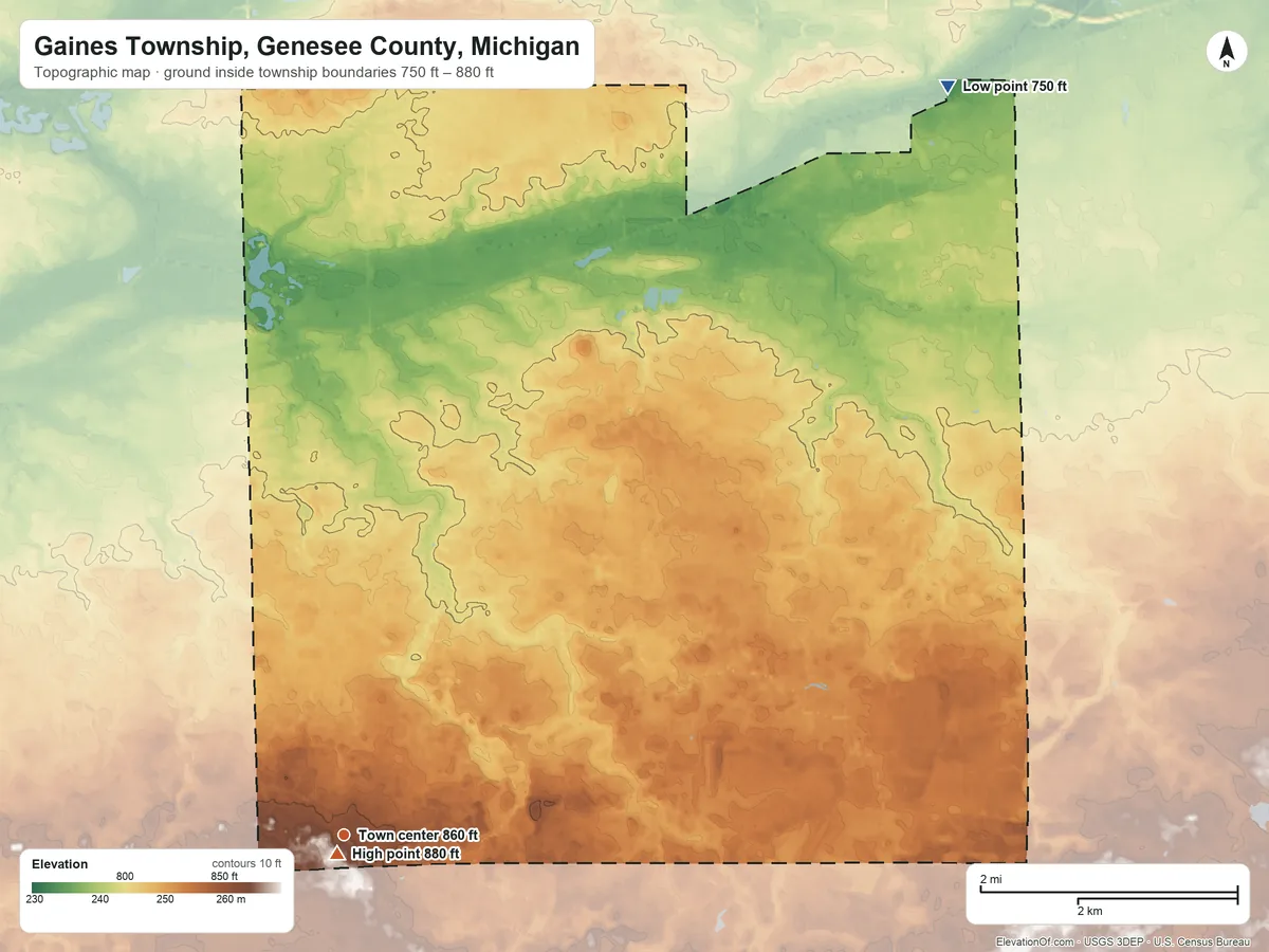 Topographic elevation map of Gaines Township, Genesee County, Michigan, shaded from 750 ft on the northeast side to 880 ft near the middle