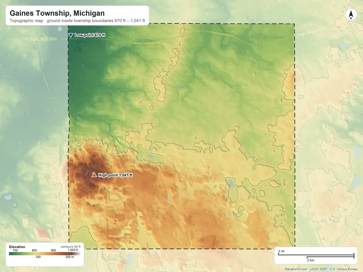 Topographic elevation map of Gaines Township, Michigan, shaded from 670 ft on the northwest side to 1,041 ft on Dias Hill