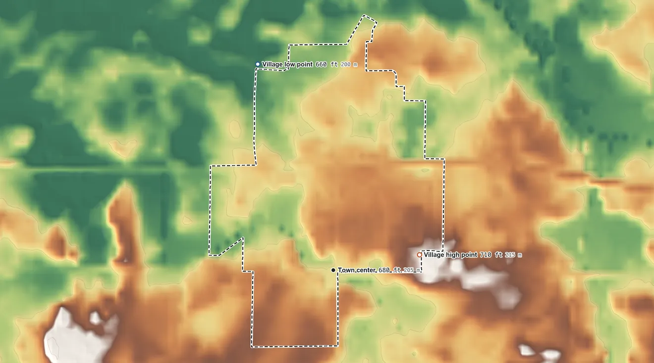 Topographic elevation map of Galien, Michigan, shaded from 660 ft on the north side to 710 ft on the east side