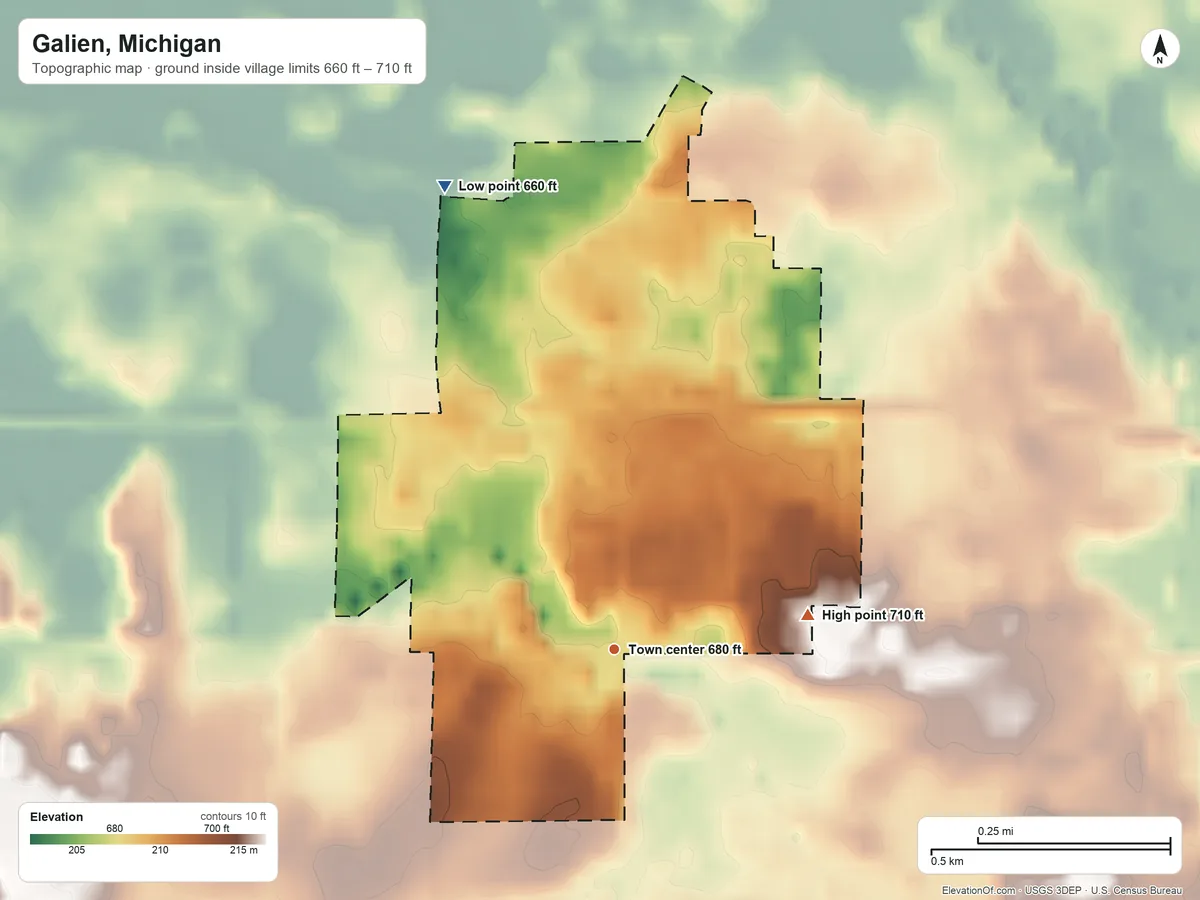 Topographic elevation map of Galien, Michigan, shaded from 660 ft on the north side to 710 ft on the east side