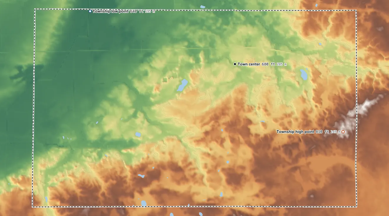 Topographic elevation map of Galien Township, Michigan, shaded from 640 ft on the west side to 810 ft on the southeast side