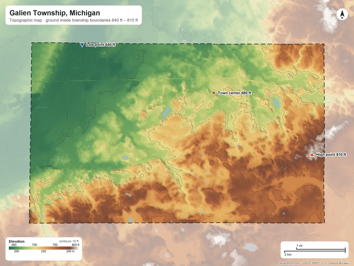 Topographic elevation map of Galien Township, Michigan, shaded from 640 ft on the west side to 810 ft on the southeast side